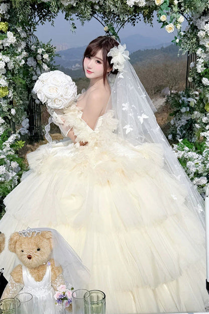 Apricot [Dream Confession] Sleeveless Triple-Layered Ruffled Hanayome Bow Lace Lace-Up Sweet Lolita Jsk Dress Long Version