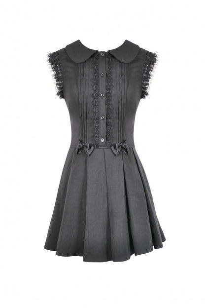 Black Peter Pan Collar Sleeveless Bowknot Pleated Women's Gothic Graduation Dress