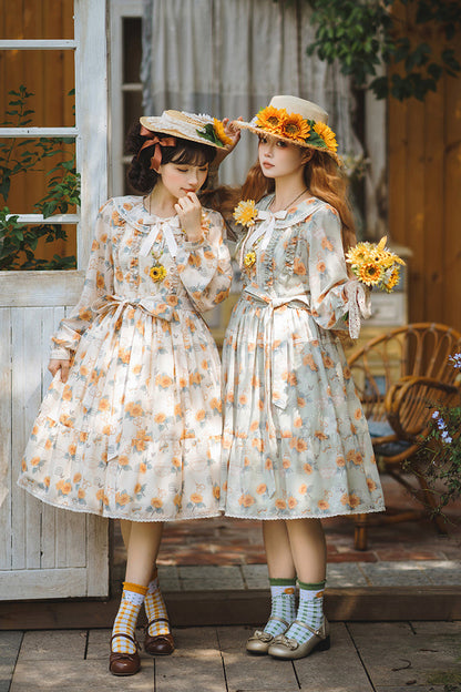Apricot [Gardening Sunflower] Long Sleeves Print Ruffle Bowknot Sweet Elegant Lolita Dress