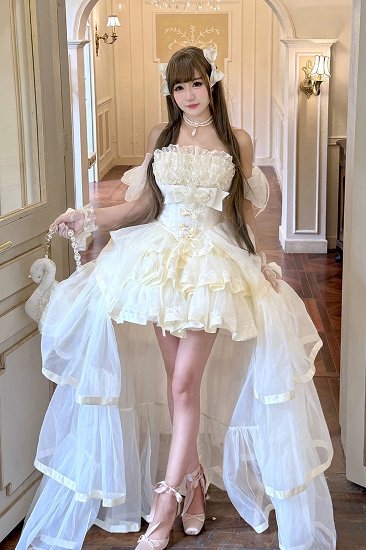Beige [Mousse Love Song] Off Shoulder Sleeveless Triple-Layered Ruffled Hanayome Bow Sweet Elegant Ballet Lolita Short Dress Set