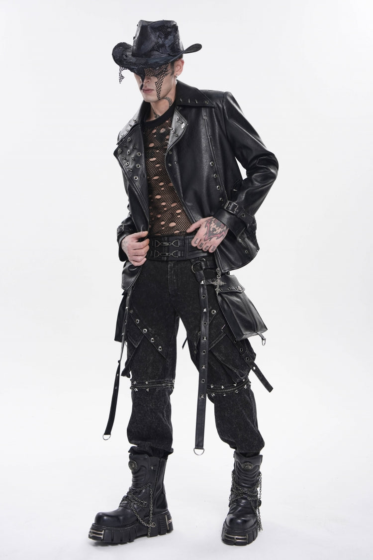 Black Lapel Collar Long Sleeves Studded Buckled Zippered Eyelet Women's Punk Jacket
