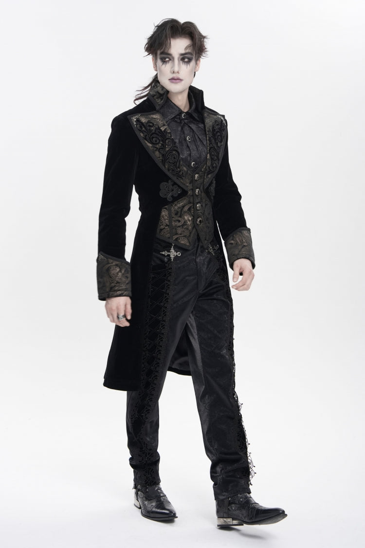 Black Lapel Collar Long Sleeves Jacquard Embroidered Slim Color-Blocked Men's Gothic Jacket