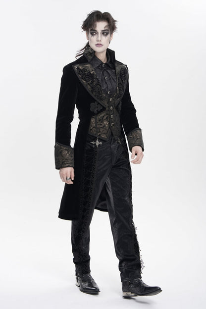 Black Lapel Collar Long Sleeves Jacquard Embroidered Slim Color-Blocked Men's Gothic Jacket