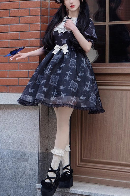 Black Embroidered Butterfly Print Gothic Lolita Dress