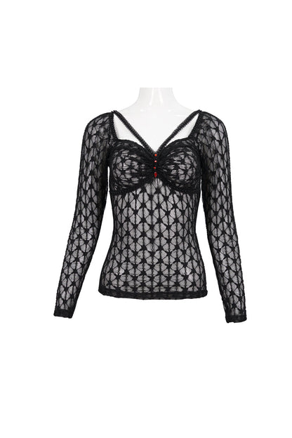Black Lace Mesh Front Red Diamond Long Sleeve Transparent Women's Punk T-Shirt
