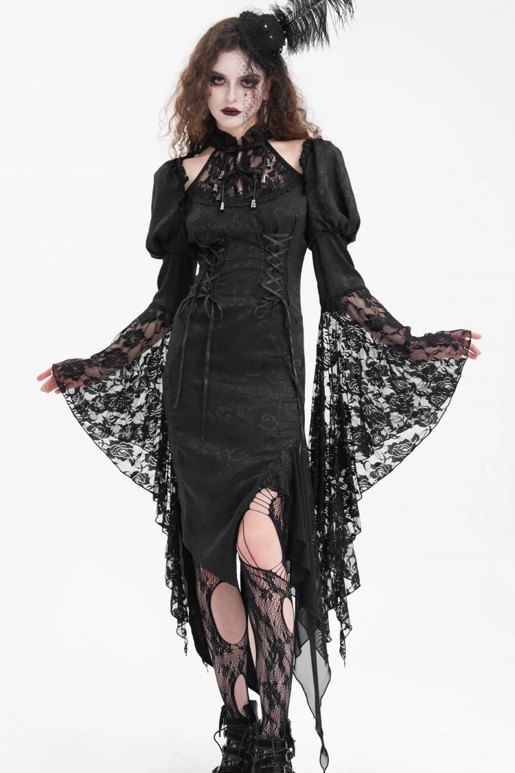 Black Hime Sleeves Hollow Lace Irregular Women's Gothic Dress