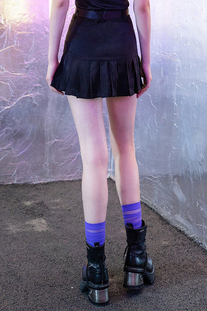 Black Buckle Belt Waist Bag Spider Embroidery Women's Punk Pleated Skirt