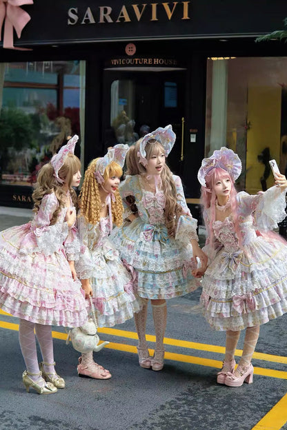 Apricot [Candlelight Elegance] Long Trumpet Sleeves Multi-Layered Ruffle Bowknot Lace Sweet Elegant Lolita Dress