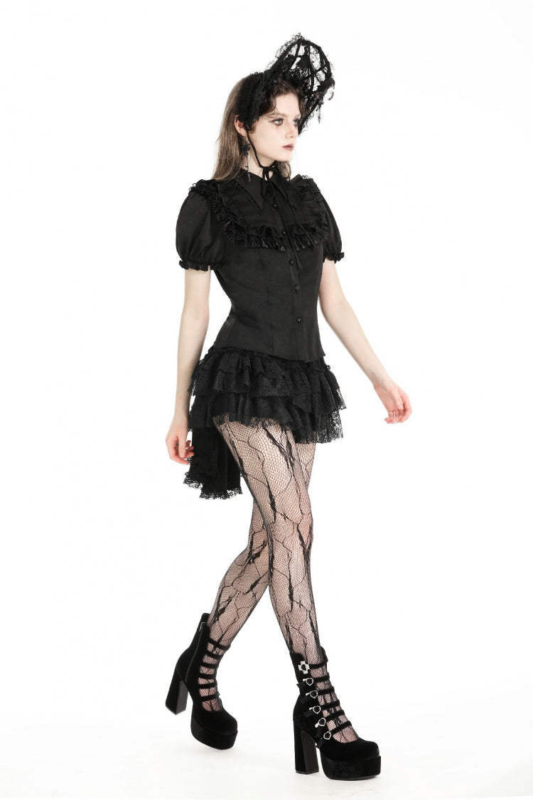 Black Point Collar Short Puff Sleeves Ruffled Women's Gothic Blouse