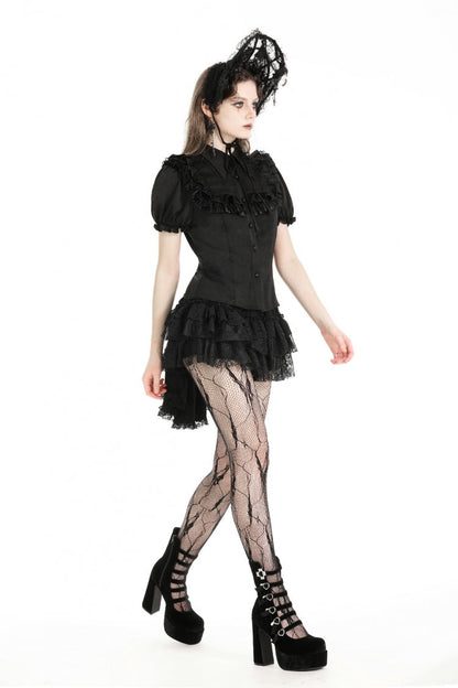 Black Point Collar Short Puff Sleeves Ruffled Women's Gothic Blouse