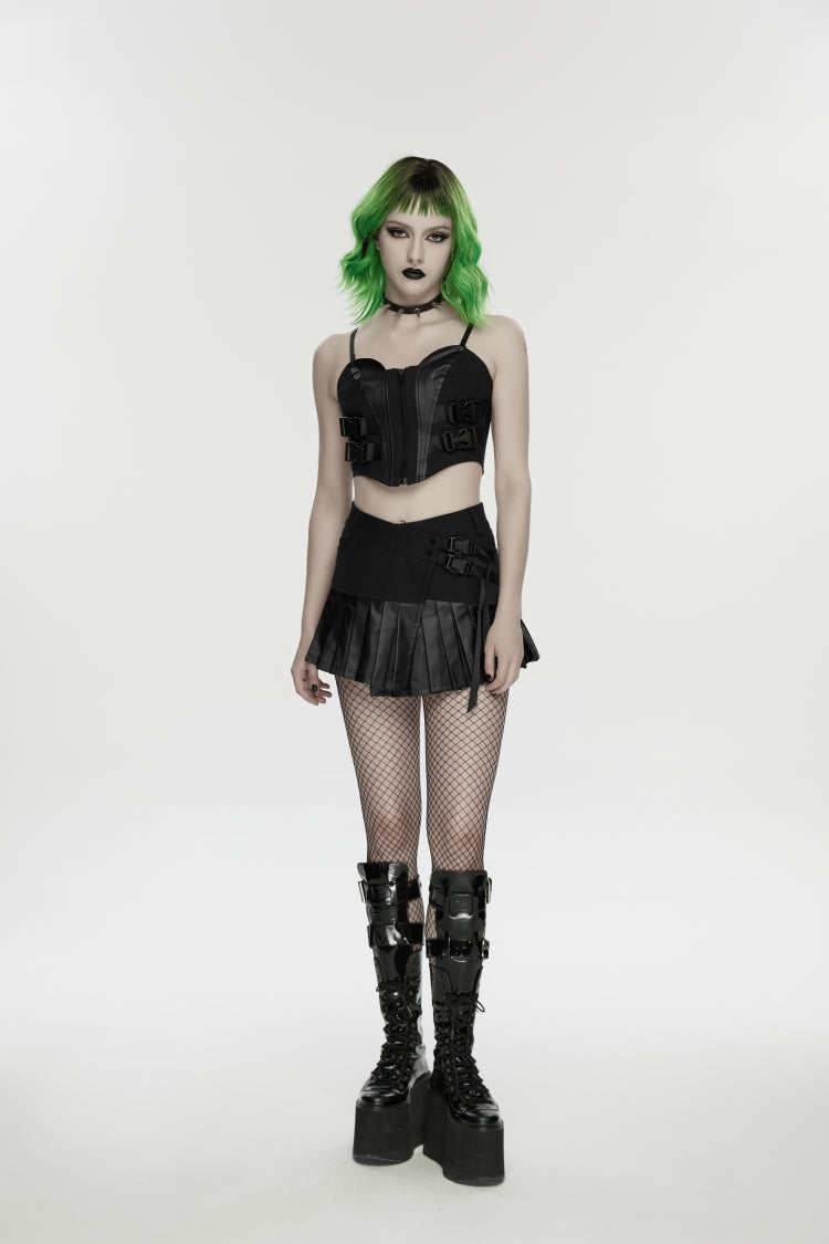 Black Asymmetric Buckled Pleated Women's Punk Skirt