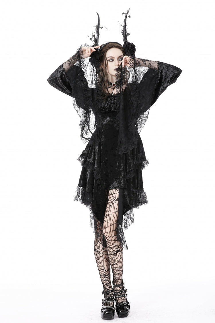 Black Irregular Long Trumpet Sleeves Lace Spliced Women's Gothic Velvet Graduation Dress