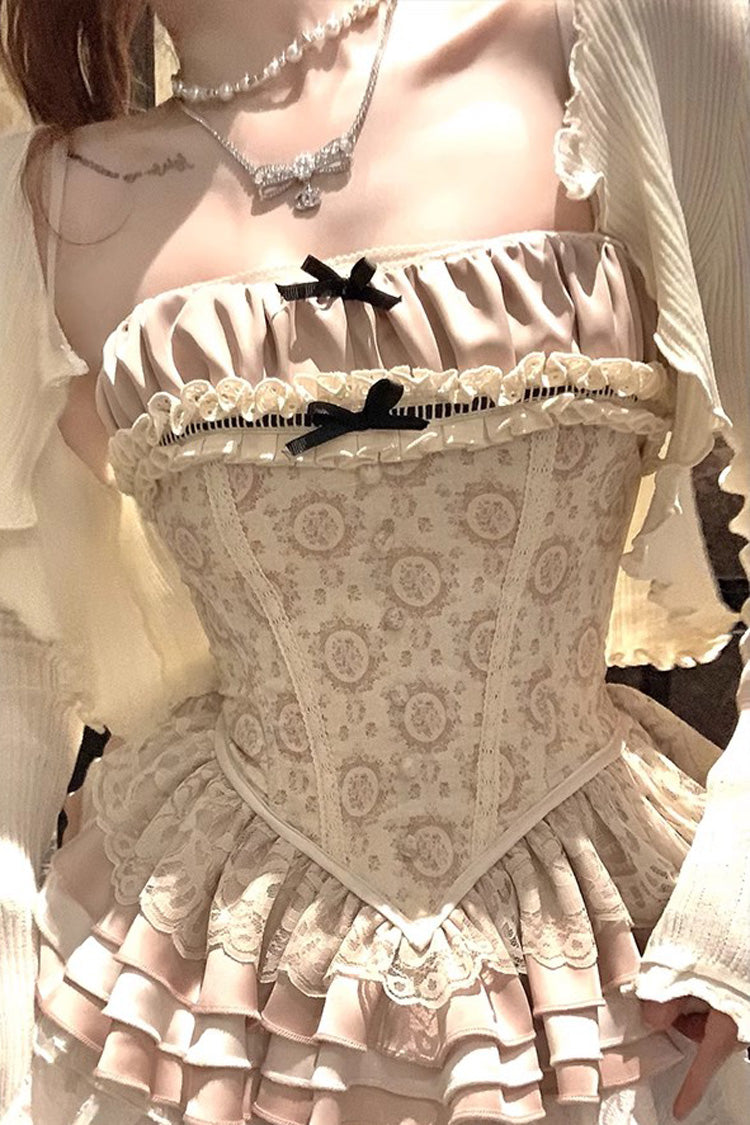 Apricot Multi-Layered Print Ruffle Embroidery Bowknot Sweet Vintage Lolita Skirt