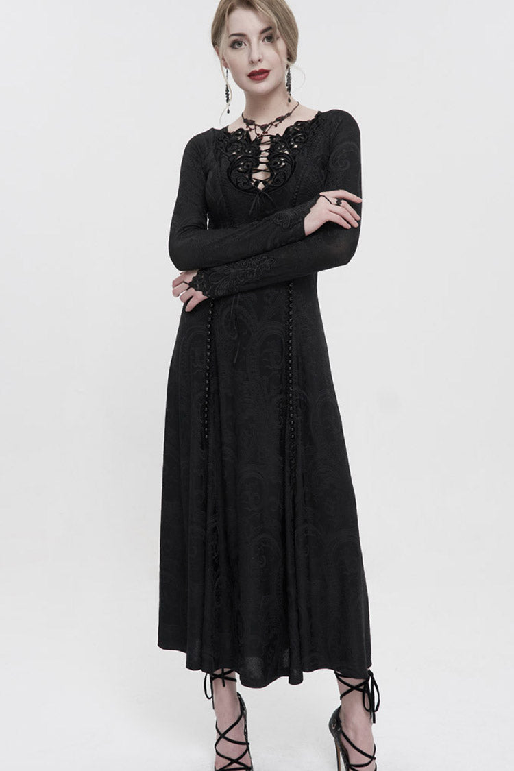 Black Long Sleeve Long Knitting Symmetrical Applique And String at The Chest Women's Gothic Dress