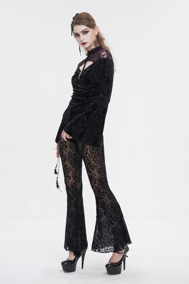 Black Cutout Flared Sleeved Floral Embossed Women's Gothic Shirt