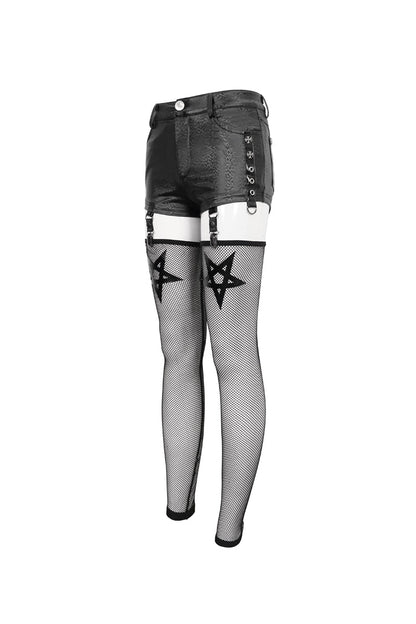 Black Faux Leather Pentagram With Stockings Women's Punk Shorts