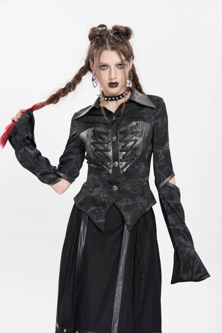 Black Lapel Collar Long Sleeves Print Lace-Up Cutout Women's Punk Blouse