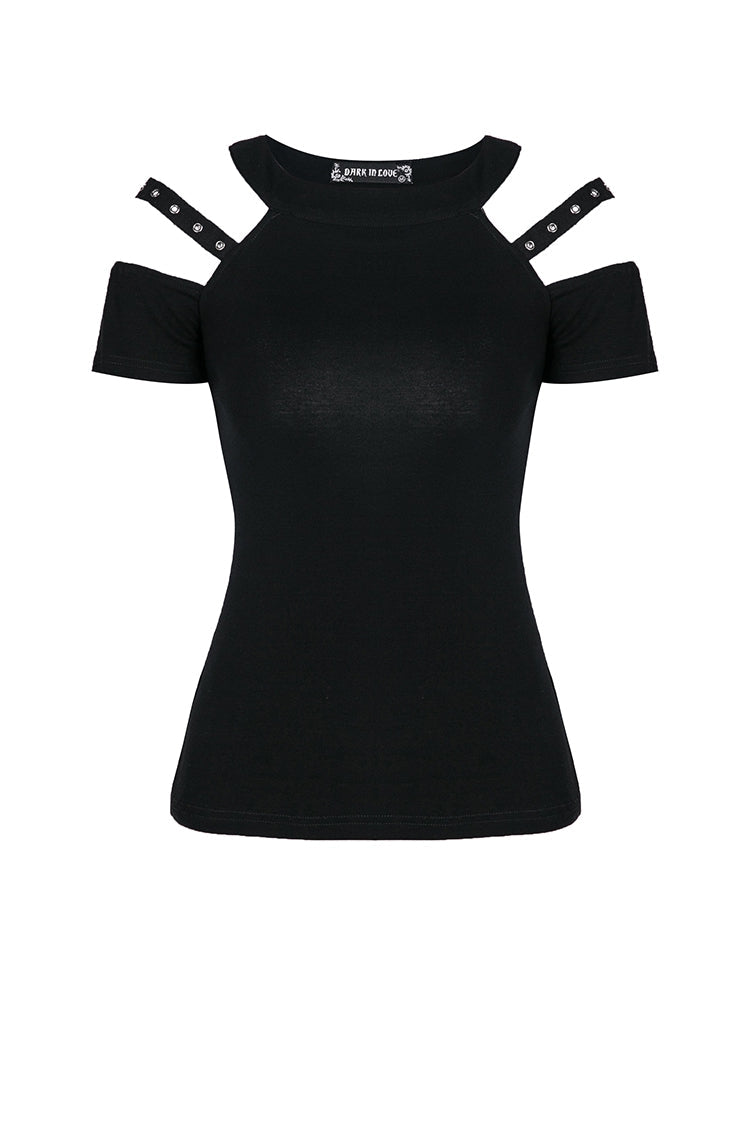 Black Off Shoulder Straps Short Sleeves Cut-Out Women's T-Shirt