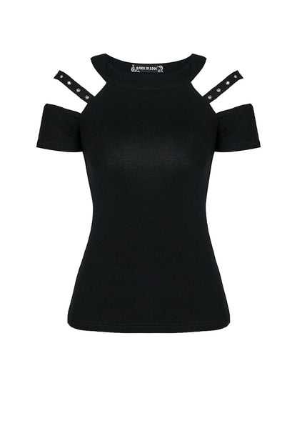 Black Off Shoulder Straps Short Sleeves Cut-Out Women's T-Shirt