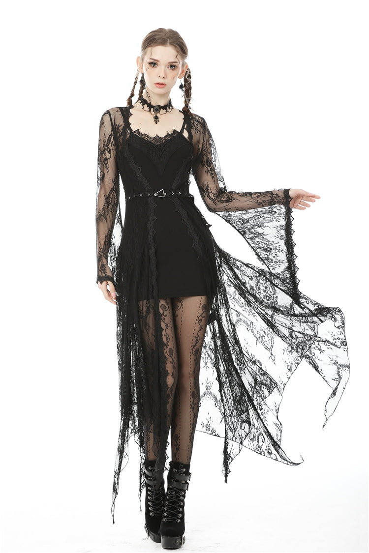 Black Long Trumpet Sleeves Sheer Floral Lace Women's Gothic Maxi Cloak with Belts