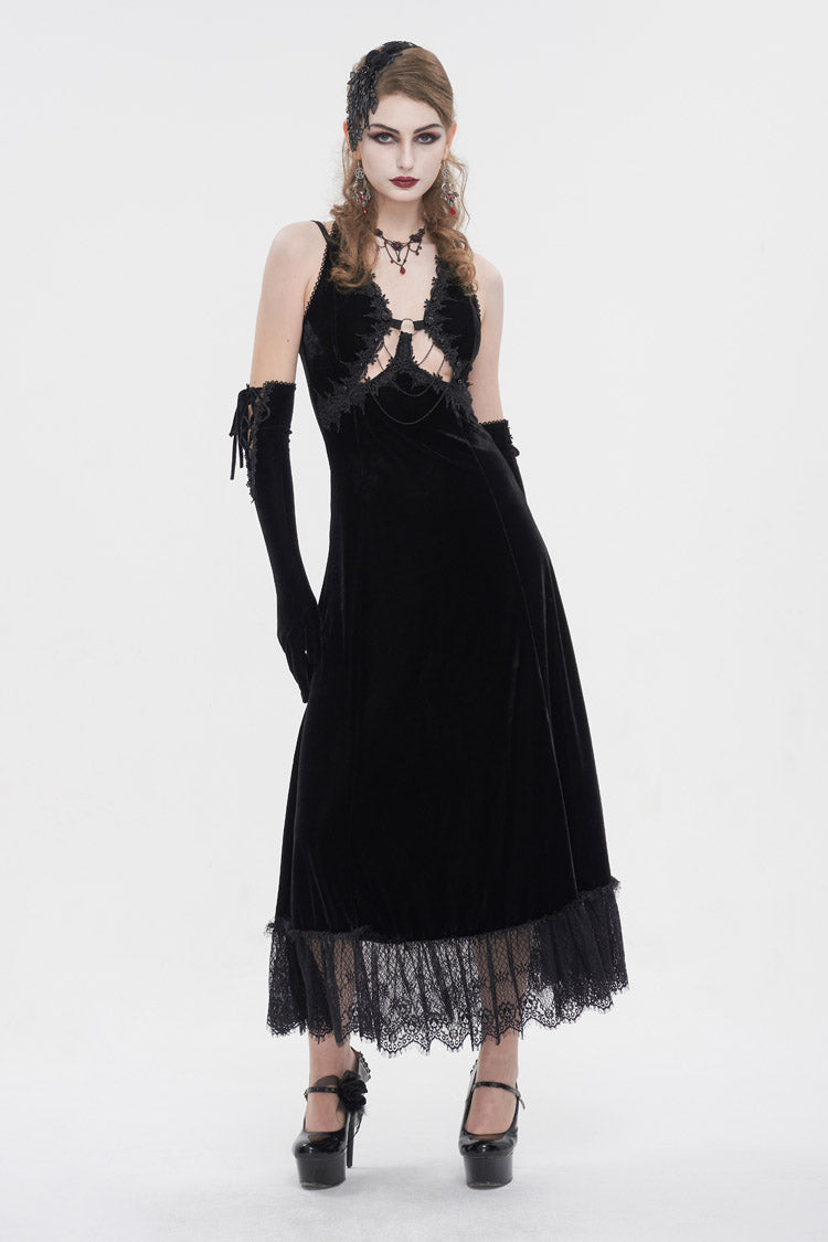Black Lace Up Lace Hem Slip Long Women's Gothic Dres