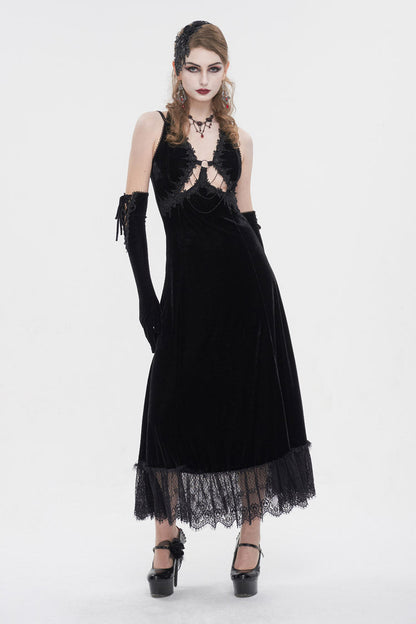 Black Lace Up Lace Hem Slip Long Women's Gothic Dres