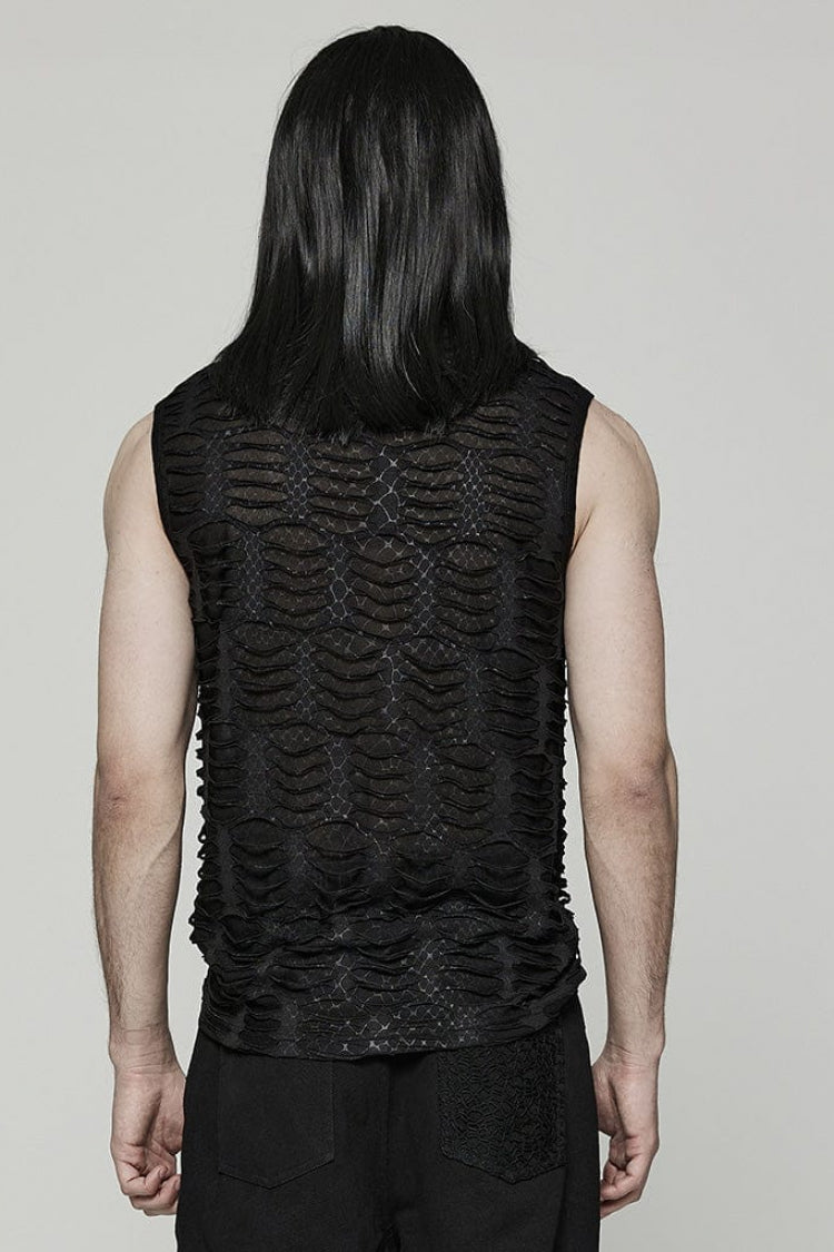 Black High Collar Hollow Spider Mesh Ripped Asymmetric Mens Gothic Vest