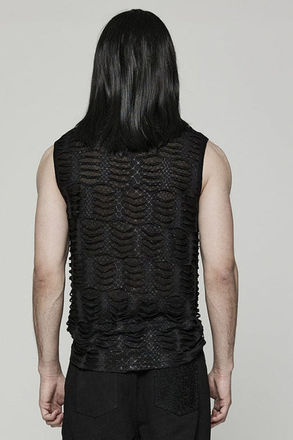 Black High Collar Hollow Spider Mesh Ripped Asymmetric Mens Gothic Vest