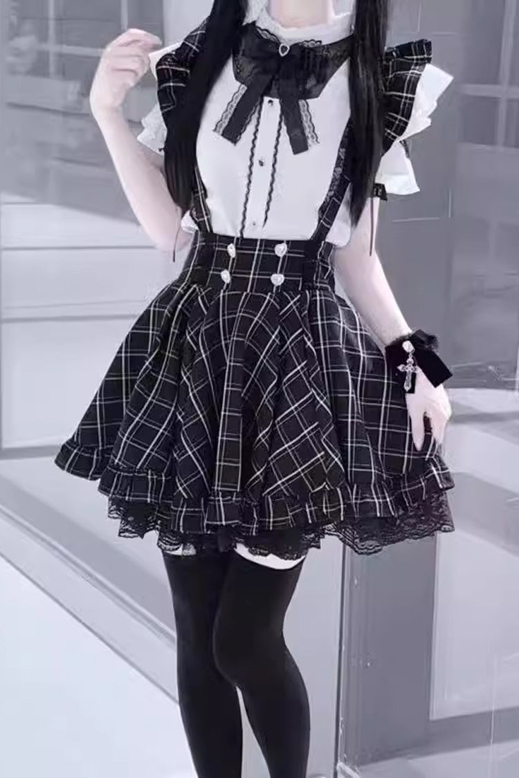 Black Plaid Print Ruffle Lace Jirai Kei Japanese Strap Dress