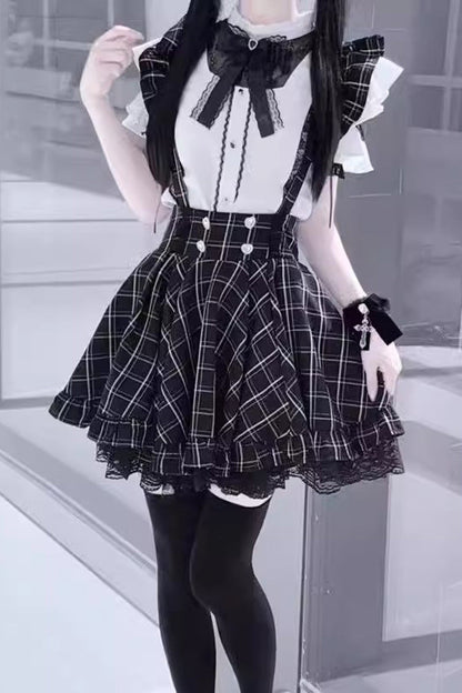 Black Plaid Print Ruffle Lace Jirai Kei Japanese Strap Dress