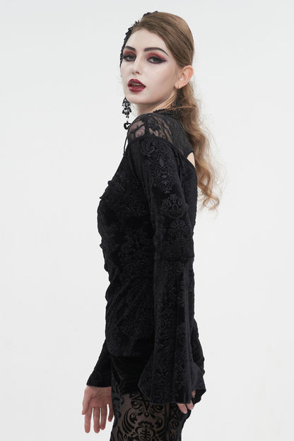 Black Lace Cutout Round Collar Flared Sleeved Floral Embossed Women's Gothic Shirt