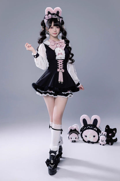 Black Long Sleeves Ruffle Bowknot Lace-Up Japanese Jirai Kei Dress Shorts Plush Set