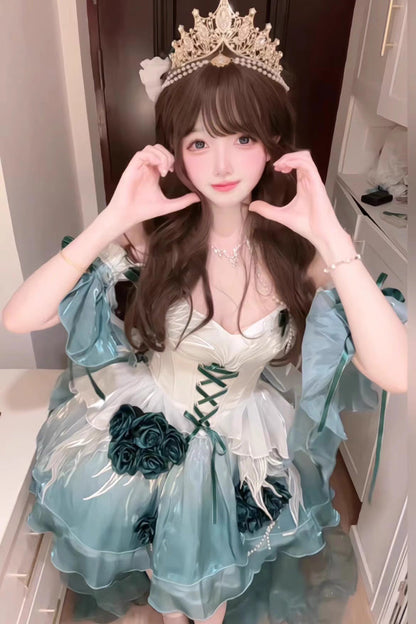 Amber Green [Swan Wonderland] Embroidery Bowknot Lace-Up Sweet Ballet Lolita Jsk Dress Short Version