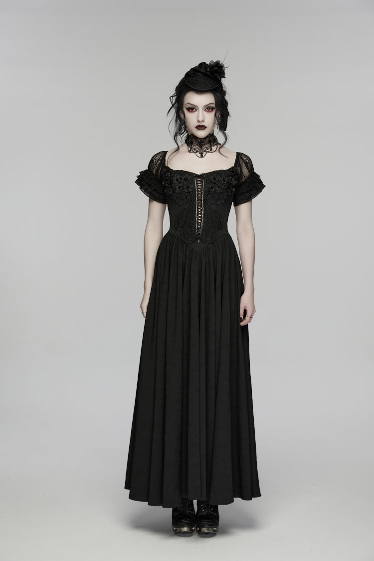 Black Off Shoulder Short Puff Sleeves Ruffled Hanayome Embroidered Lace Women's Gothic Elegant Gorgeous Dress