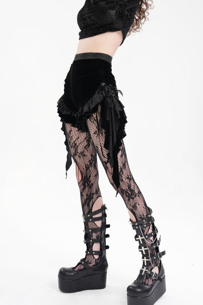Black Plumed Ruffle Mesh Women's Gothic Shorts