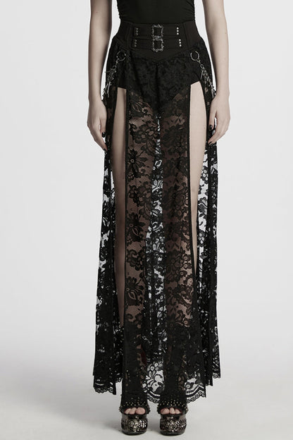 Black Embroidery Split Lace Women's Gothic Skirt with Studded Chain