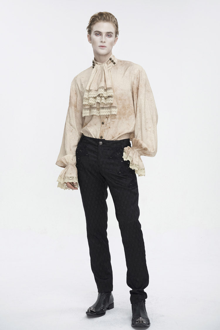 Apricot Stand Collar Puff Sleeved Men's Gothic Shirt With Necktie