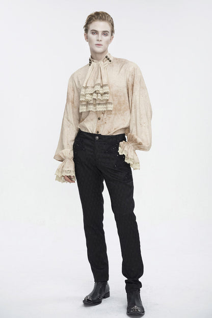 Apricot Stand Collar Puff Sleeved Men's Gothic Shirt With Necktie