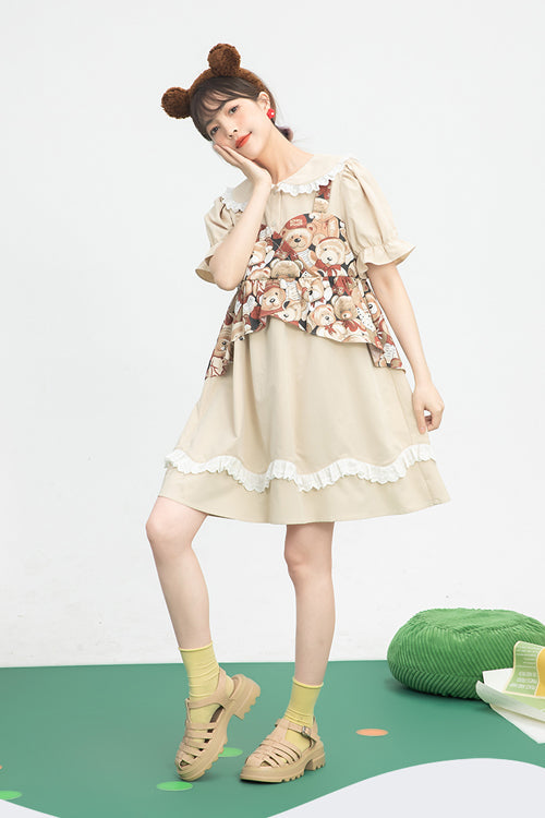 Beige Vintage Doll Collar Bear Print Fake Two Pieces Short Sleeves Sweet Lolita Dress
