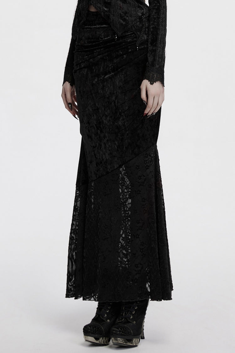 Black Batwing Hollow Embroidery Stitching Lace Women's Gothic Fishtailed Skirt