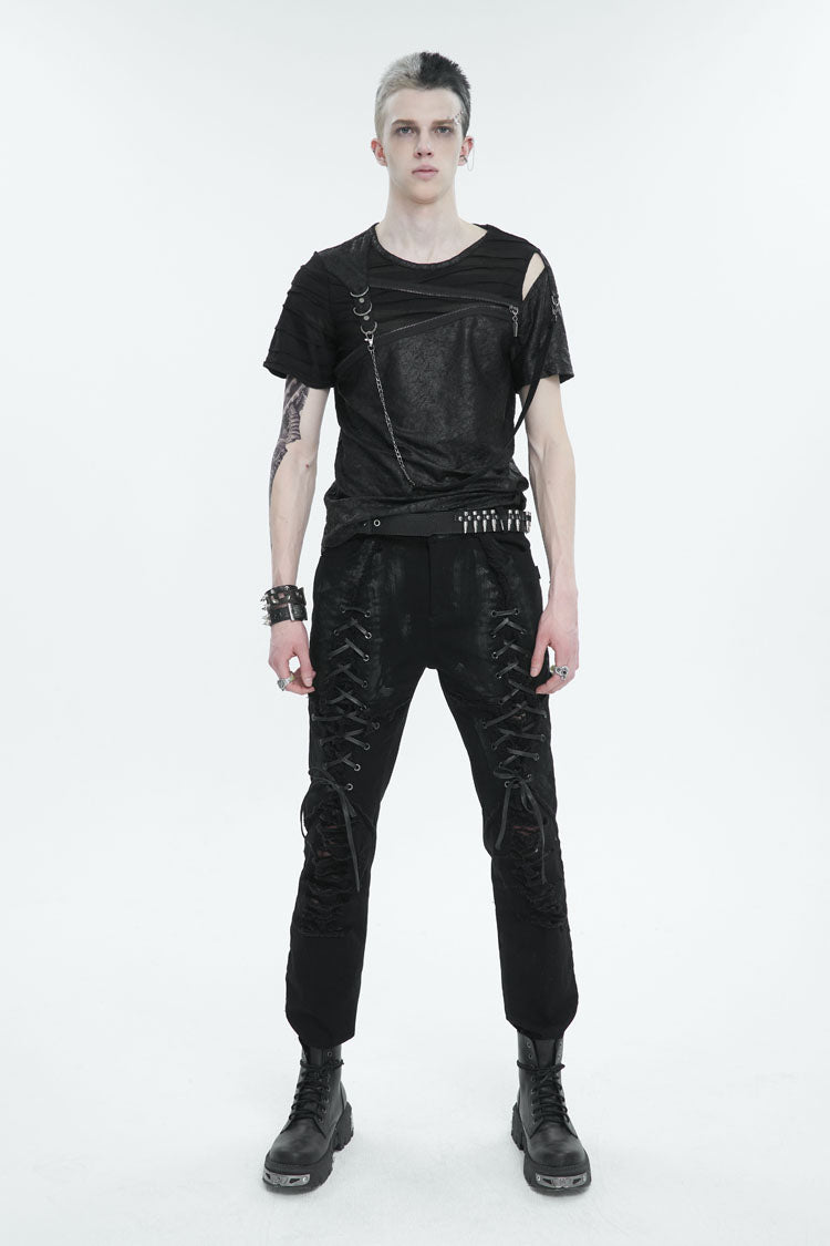 Black Left Off Shoulder Chest Zipper Embellished Men's Punk Short Sleeve