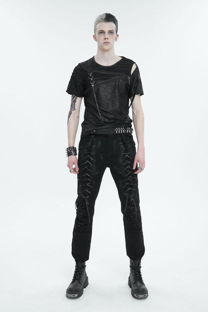 Black Left Off Shoulder Chest Zipper Embellished Men's Punk Short Sleeve