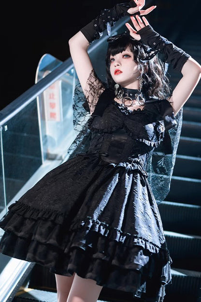 Black Lace Flying Sleeves Fish Bone Ruffle Gothic Lolita Dress