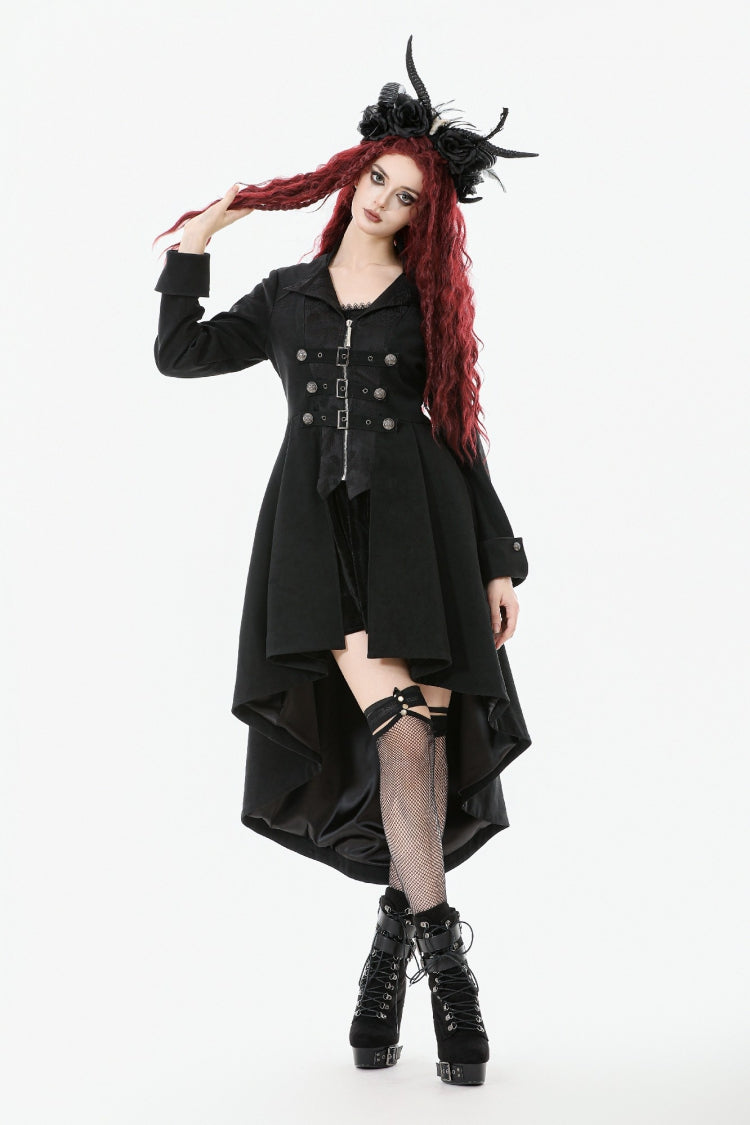Black Lapel Collar Long Sleeves Lace-Up Irregular Bouble-breasted Buckle-up Women's Gothic Coat