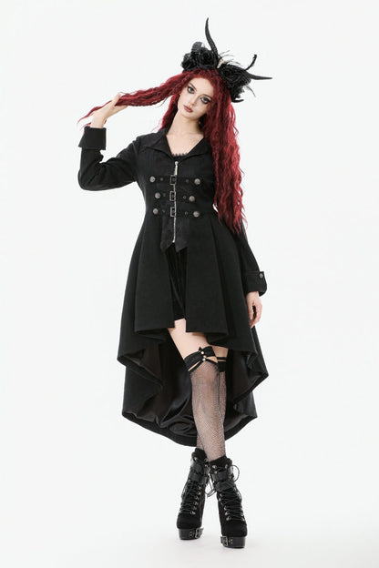 Black Lapel Collar Long Sleeves Lace-Up Irregular Bouble-breasted Buckle-up Women's Gothic Coat