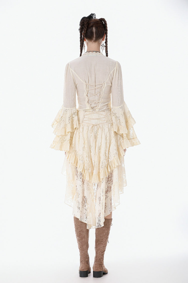 Beige V Collar Long Trumpet Sleeves Multi-Layered Lace-Up Women's Stempunk Blouse