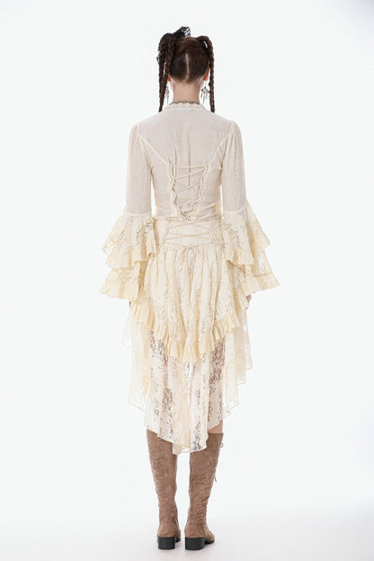 Beige V Collar Long Trumpet Sleeves Multi-Layered Lace-Up Women's Stempunk Blouse