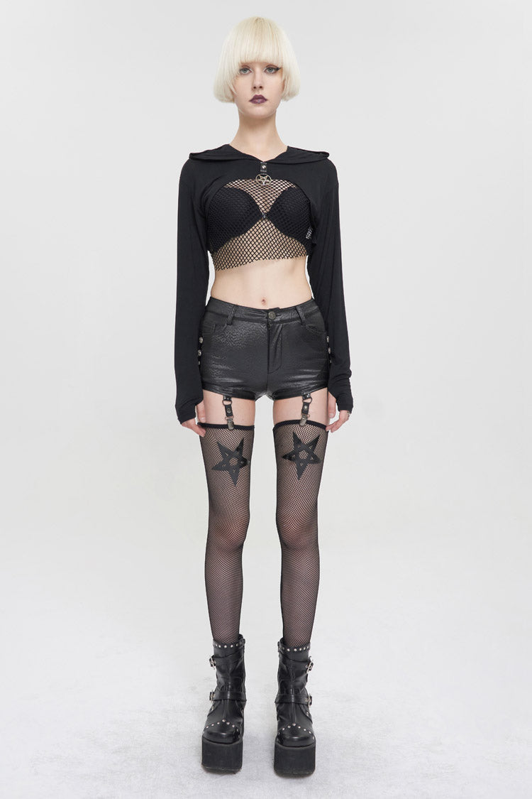 Black Faux Leather Pentagram With Stockings Women's Punk Shorts