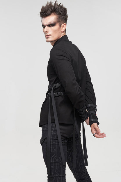Black Nylon Strap Metal Buckle Decoration Long Sleeve Elasticity Men's Punk Shirt