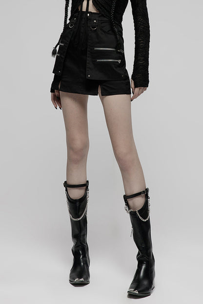Black Heavy Industrial Hem Slit Design Multi-Pocket Zipper Trim Sexy Women's Punk Mini Skirt